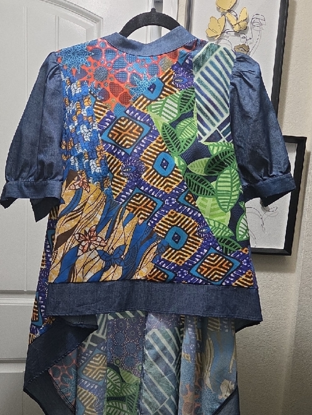Patchwork Multicolor Short Sleeve Blouse with Denim Trim - Picture 2 of 6